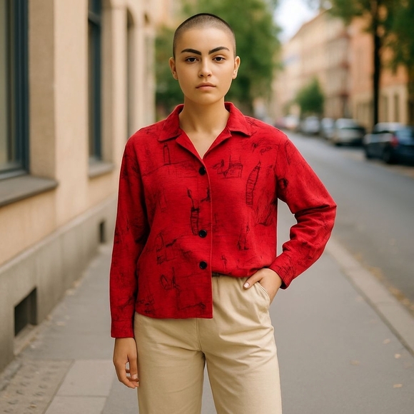 Chico’s M Silk-Linen Western Shirt Red Art Print Button-Up Blouse - Picture 1 of 8